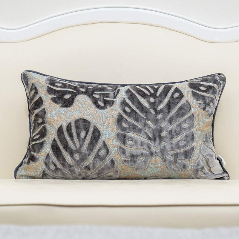 Alerfa 12 x 20 Inch Rectangle Leaf Pillow Embroidery Cut Velvet Cushion Case Luxury Modern Lumbar Throw Pillow Cover Decorative Pillow for Couch Sofa Living Room Bedroom Car, Gray Silver - Image 1